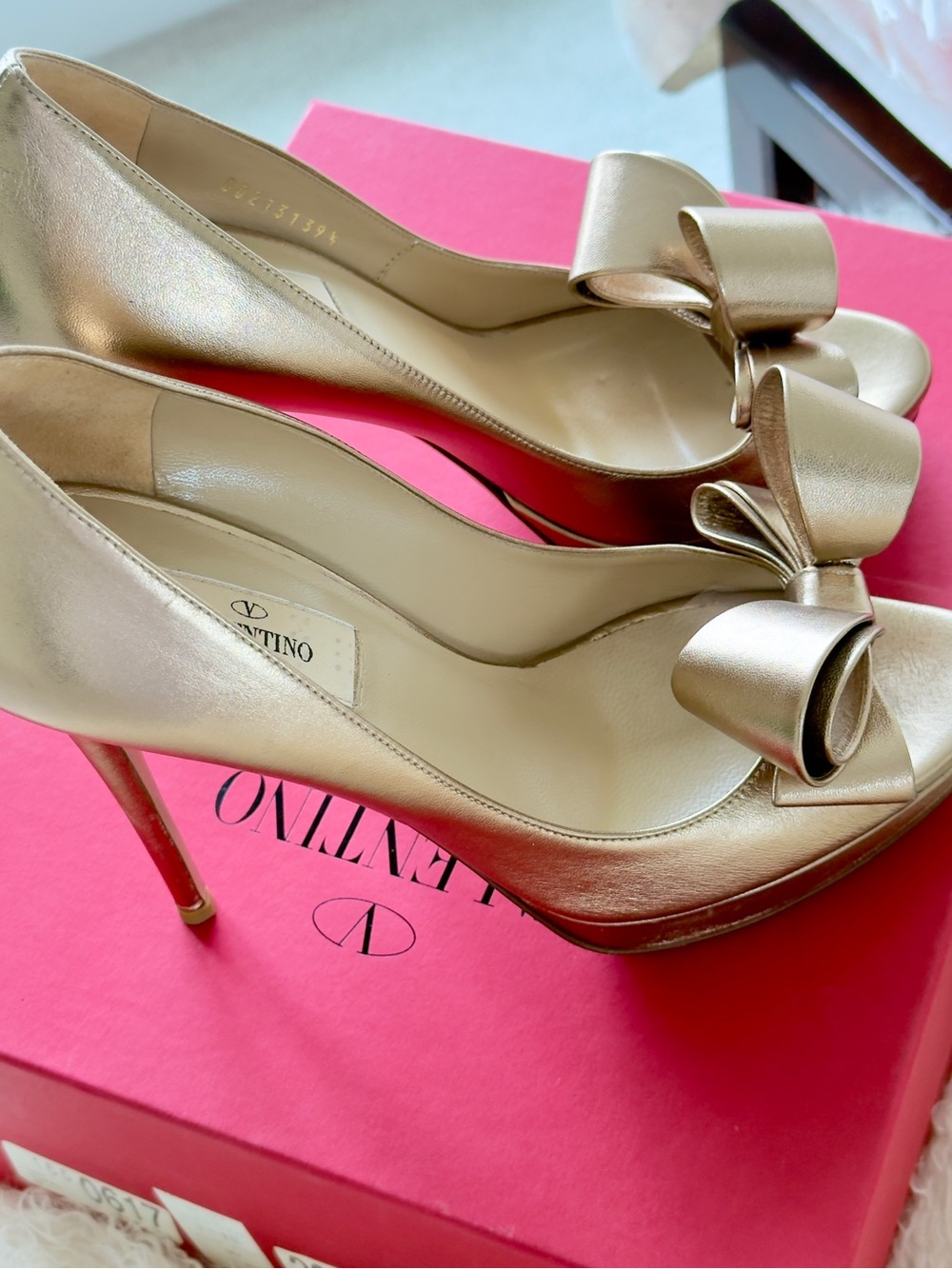 Valentino Metallic Gold Bow Peep-Toe Pumps